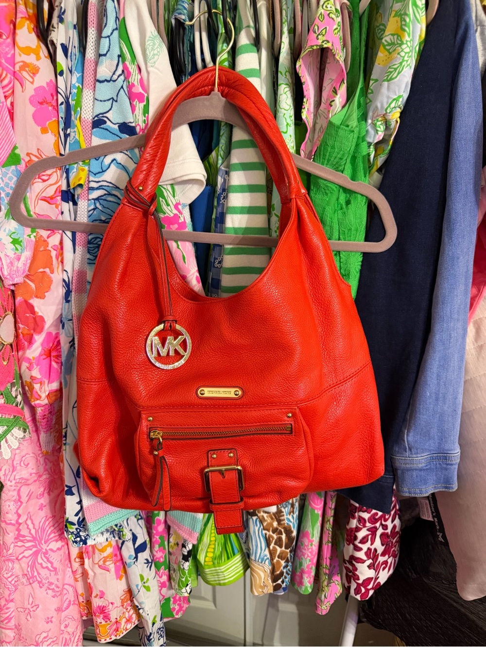 Michael Kors Orange Leather Shoulder Hobo Bag with Gold Hardware
